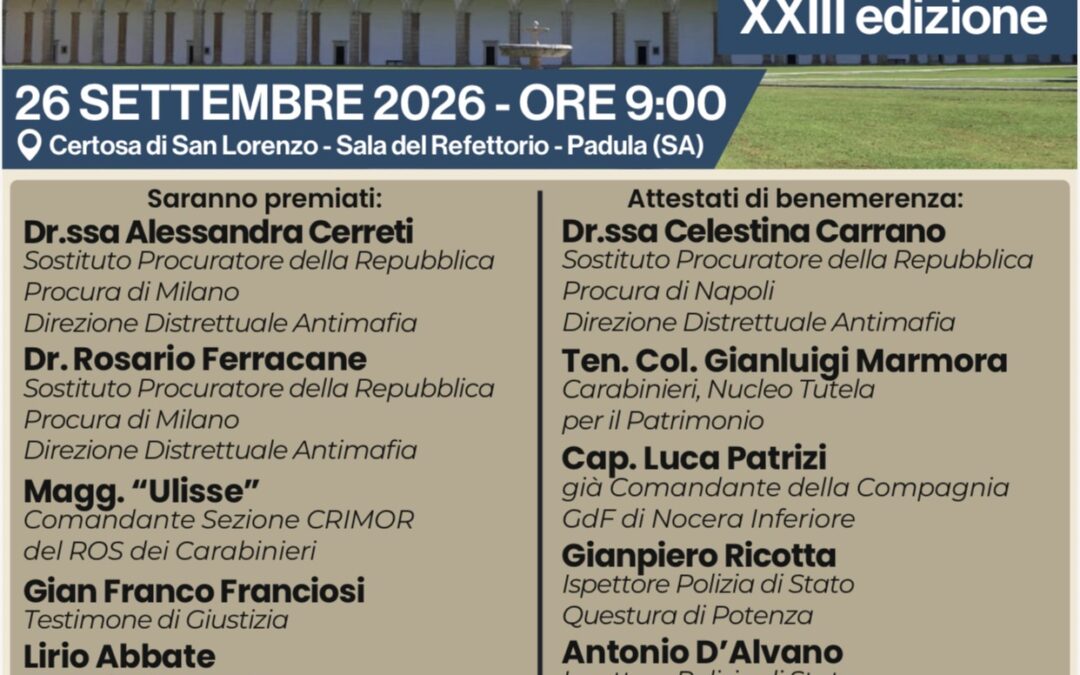 PREMIO INTERNAZIONALE “JOE PETROSINO”: A PADULA LA XXIII EDIZIONE CELEBRA CHI DIFENDE LA LEGALITA’